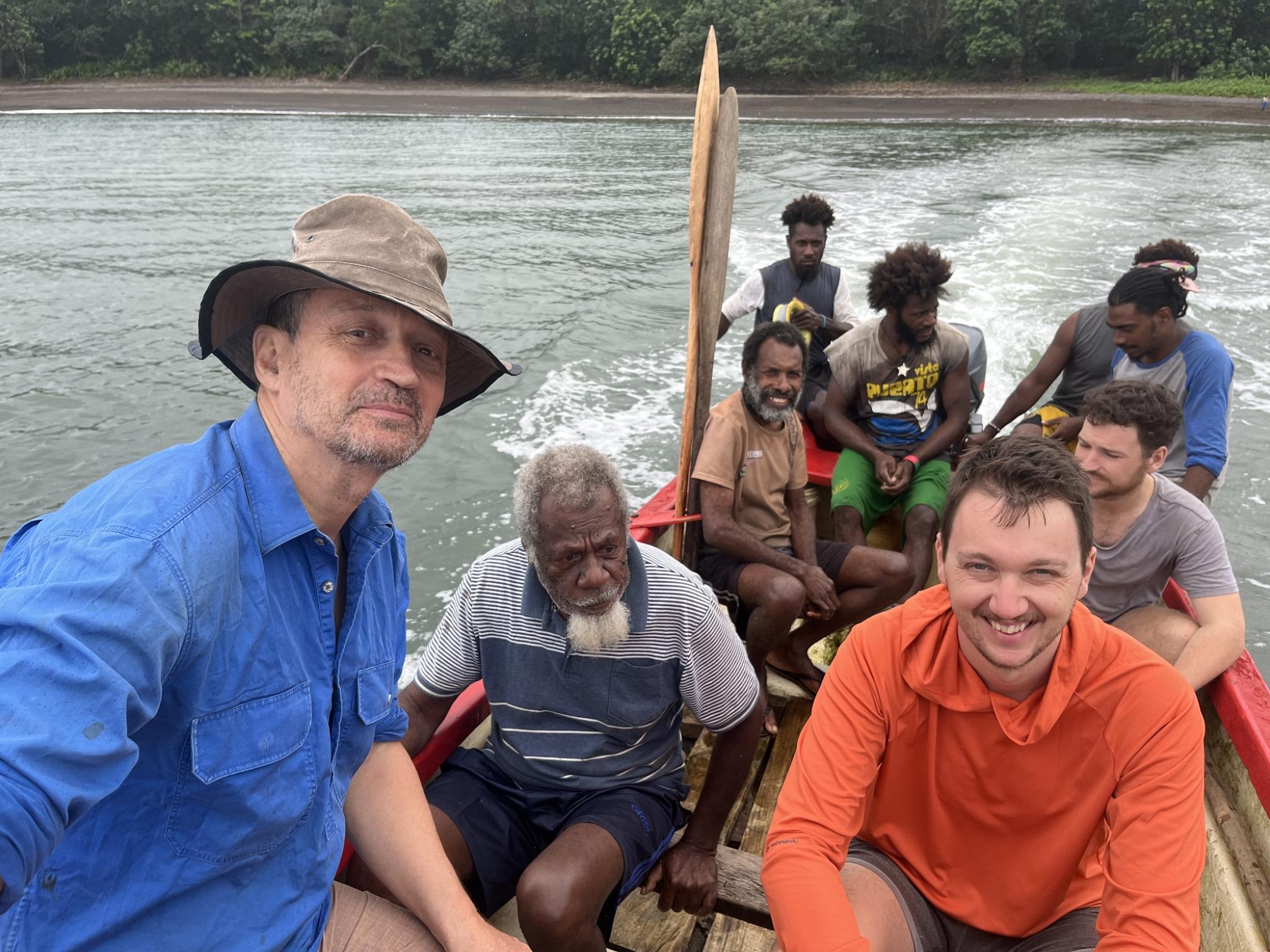 Happy to secure some transport from central to southern Epi. L to R. Stuart Bedford, Salkon Yona, Siri Seoule with smile, Sonke Stern and Robert Henderson along with a crew of four at the rear